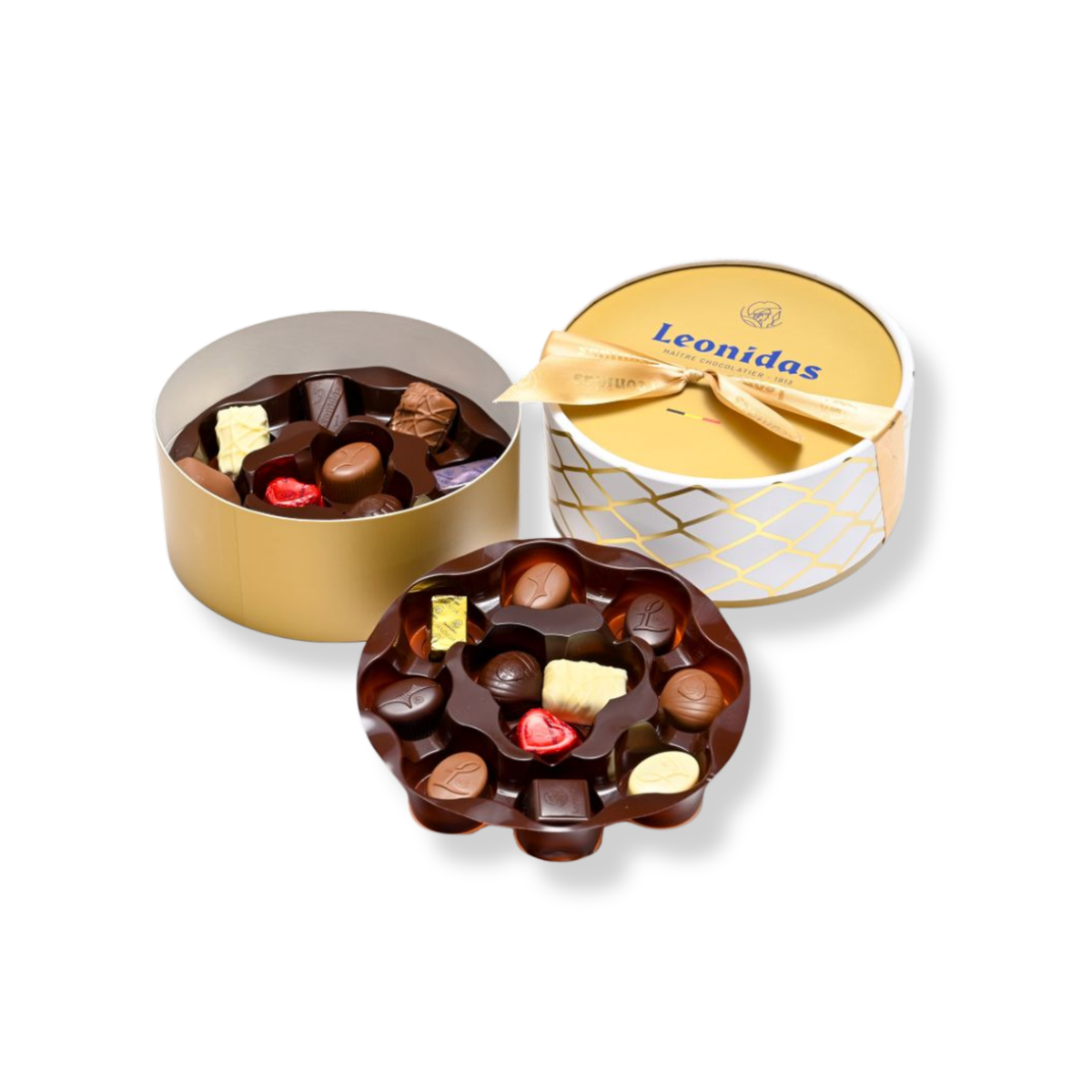 מארז שוקולד לאונידס עגול לבן / זהב