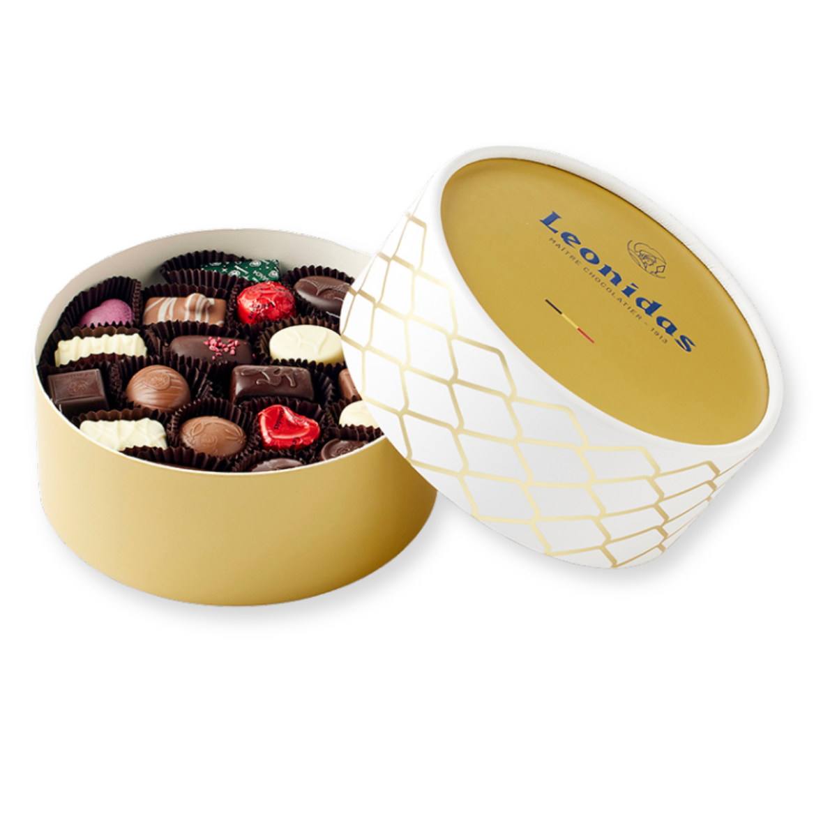 מארז שוקולד לאונידס עגול לבן / זהב